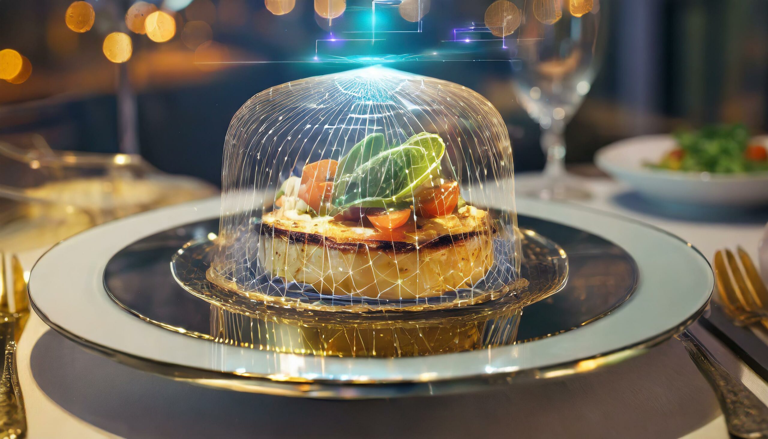 un piatto culinario attornato da un'aura trasparente che indica la la virtualità del piatto